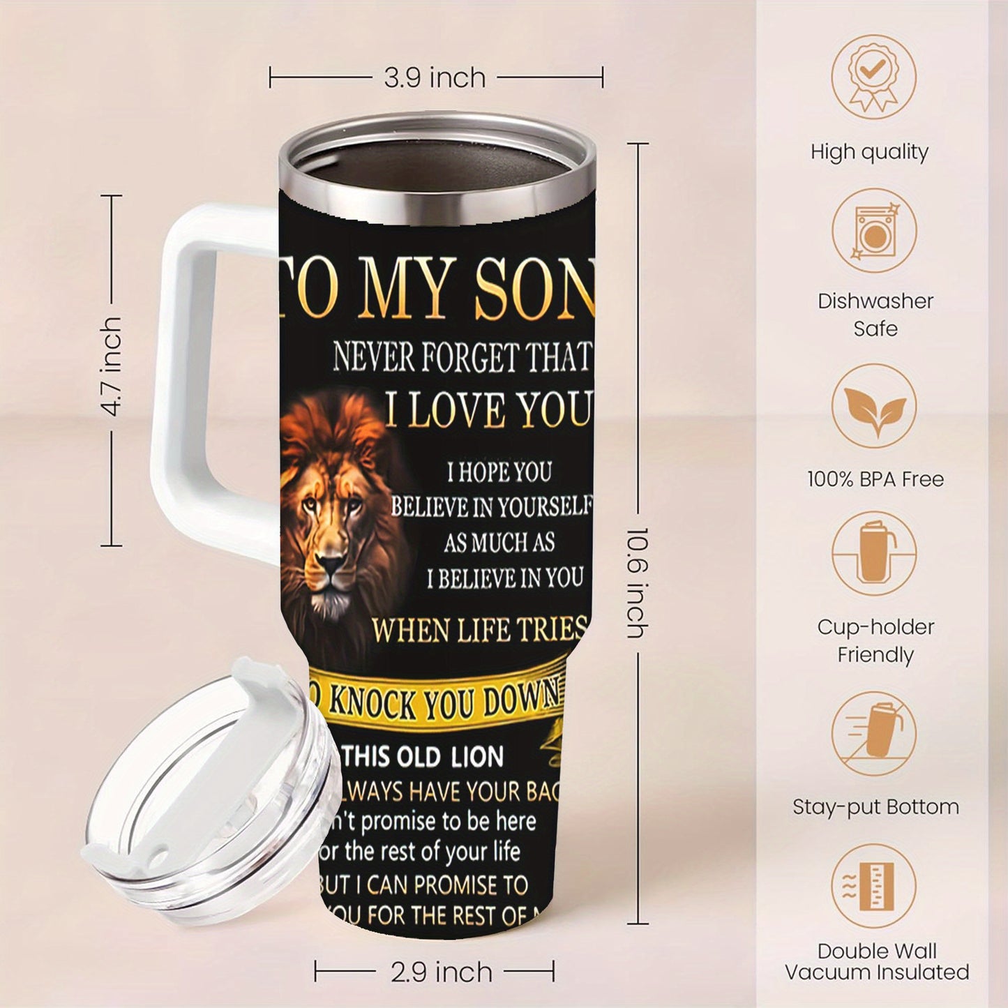 40oz Insulated Travel Mug with Straw & Lid - "to My Son: Never Forget I Love You" Inspirational Lion Design Water Bottle - Leak-Proof Coffee Cup for Easter, Mother's Day, Father's Day Gifts - Durable 40oz Tumbler for Birthday
