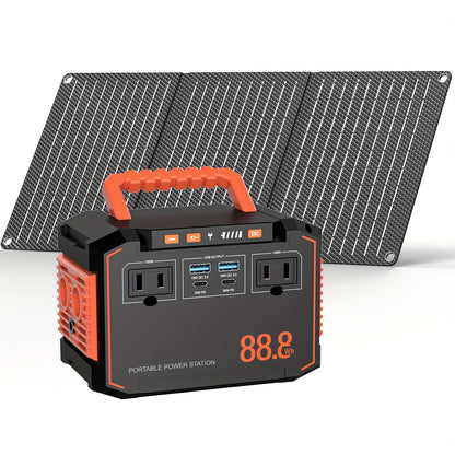 150W/300W Portable Camping Power Station 88.8Wh/111Wh/240Wh With 30/60W Solar Panel Or 88.8Wh/240Wh.with 2*AC/USB-C PD/USB QC3.0/DC Output, LED Emergency Power Light For Outdoor Camping, RV Traveling, Emergencies For Christma