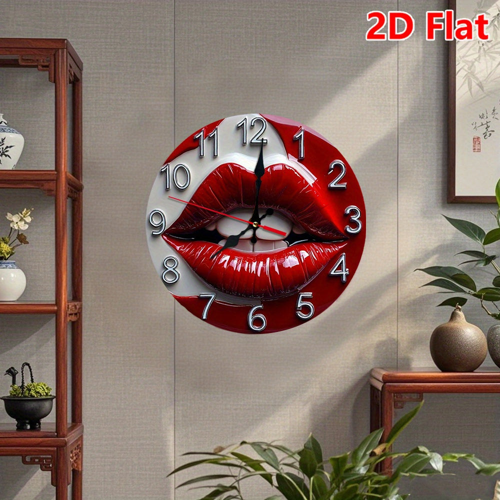 10 Inch Glossy Red Lips Wall Clock - Modern Minimalist Glossy Red Lipstick Number Face, Large Black Hands & White Face, Battery Operated Silent Non-Ticking Round Clock for, Office, Bedroom, Kitchen - Lip-Shaped Frame Decorati