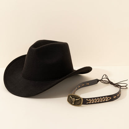[Black Cowboy Hats] 2pcs Western Cowboy Hats - Black Fedora Cowboy Hats with Braided Band & Bull Head Design, Lightweight & Durable for Outdoor Travel, Christmas, and Casual Wear