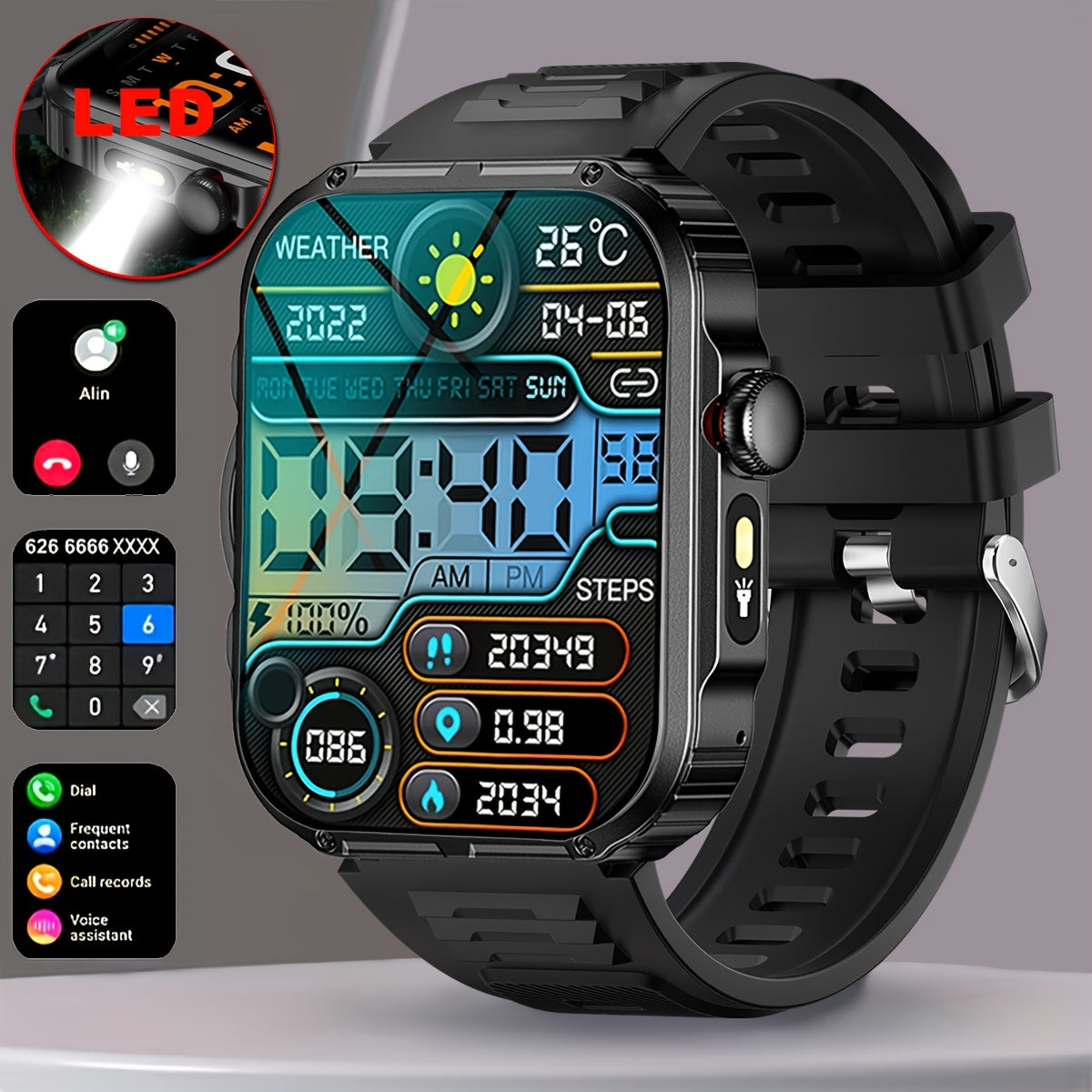COIUSOR Men'S Smartwatch with LED Flashlight, IPX7, Wireless Calling & SMS Alerts, 2.02" HD Large Screen, Sports Mode, Zinc Alloy, Compatible with for iphone/Android, USB Rechargeable, Sporty Watch Design, Robust Strap Qualit