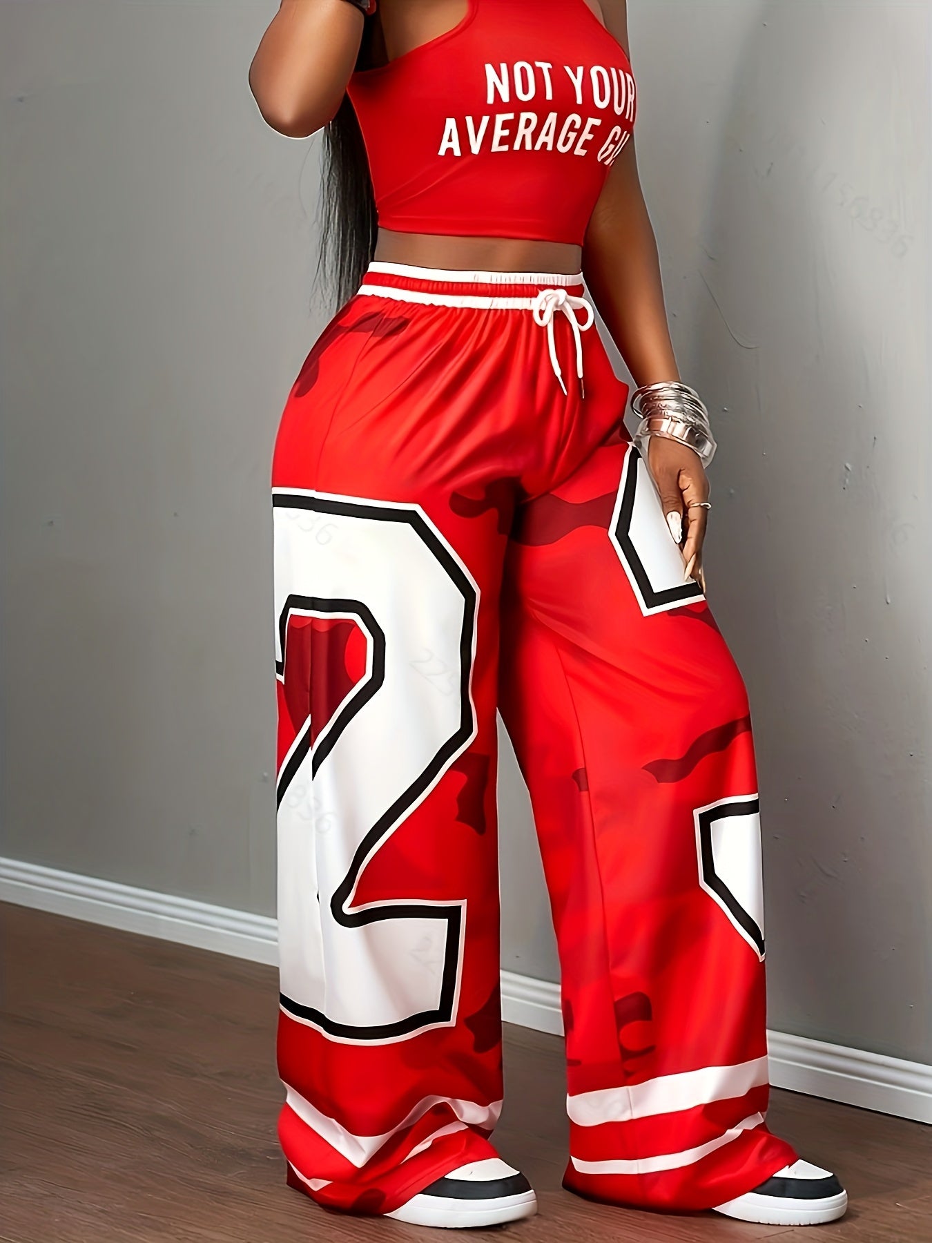 Women'S Red & White Geometric Letter Print Straight-Leg Pants with Elastic Drawstring Waistband - Casual Wide-Leg Trousers, Machine Washable All-Season Comfort, '25' Number Design & Pockets for Everyday & Special Occasions (S