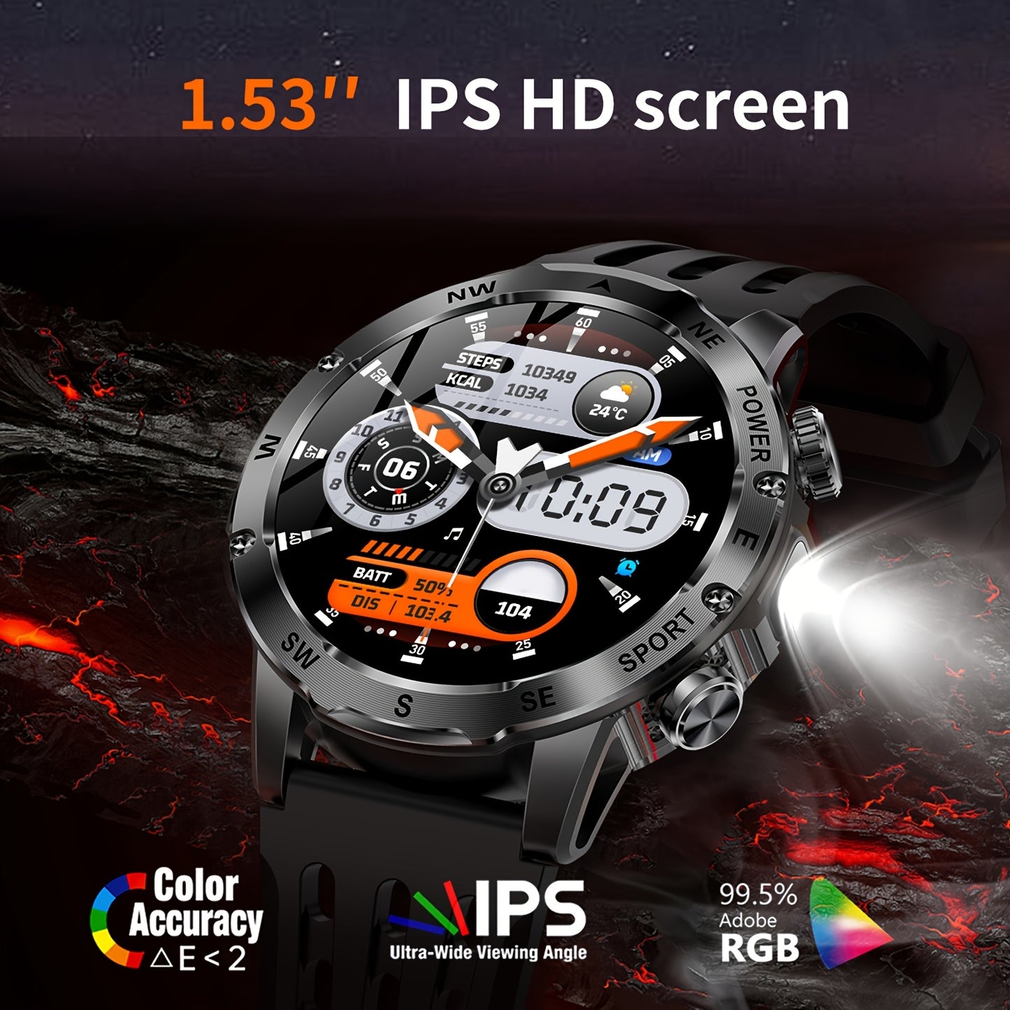 Men'S Smart Watch, Waterproof Smart Watch, Suitable for Outdoor Sports, IP68 Deep Waterproof, Waterproof Speaker, LED Flashlight, Call Answering, Music Control, 800Mah Battery, Compass, Compatible with Iphone And Android Phon