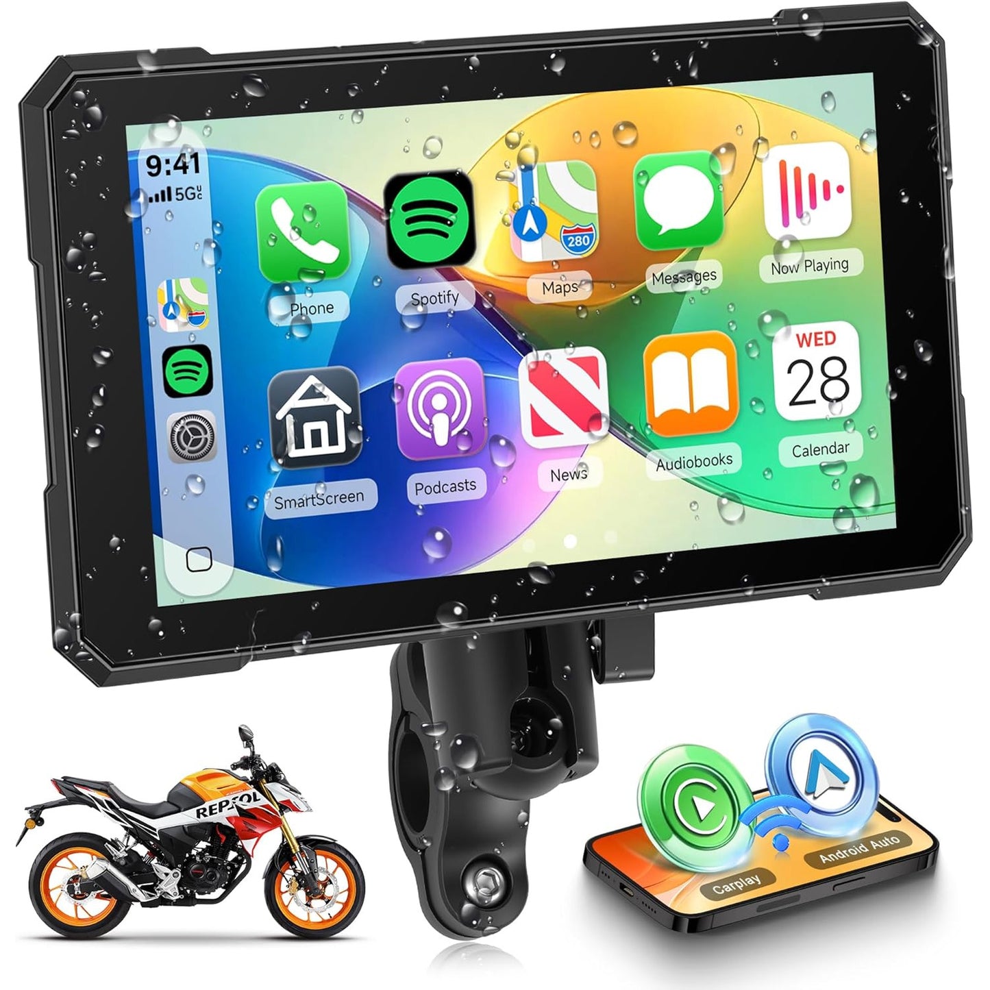 Motorcycle Wireless Carplay & Android Car for Motorcycle, 5 Inch HD Touchscreen for Motorcycles with Navigation/ Bluetooth/ EQ/ Pressure Detection