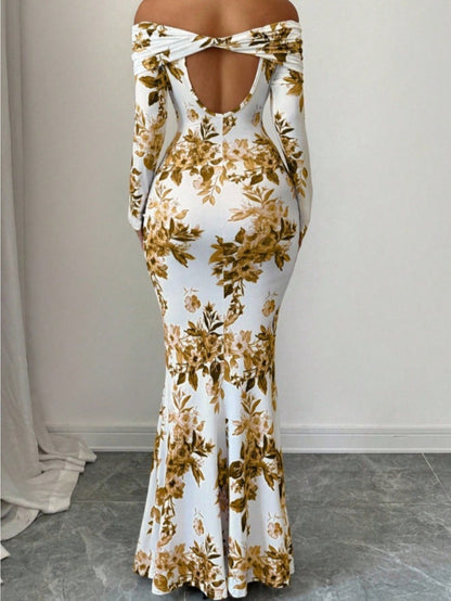 LUCKFOX Women's Clothing 2026 Waist and Thin Spring Early Spring Women's Clothing New Models, Daily Wear, Enjoy Elegant and Beautiful Printed Long Dress Temperament Slim One-word Shoulder Long-sleeved Dress Women Are Now