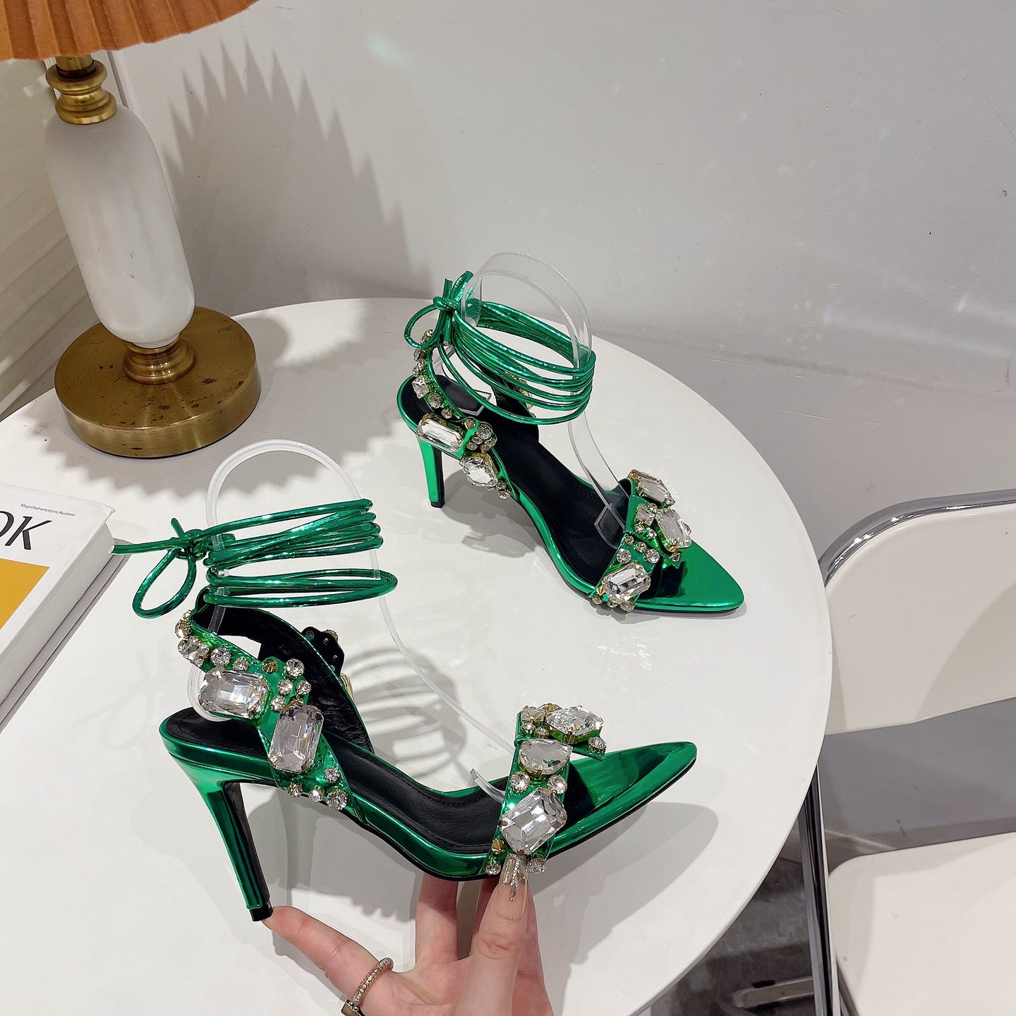 Women'S Rhinestone-Adorned Cross Strap Open-Toe High Heel Sandals - Ultra-High Stiletto Heels, PU Cover Upper & Lining, European & American Style Elegant Party & Formal Dress Shoes with Cushioned Insole, Durable Rubber Sole -