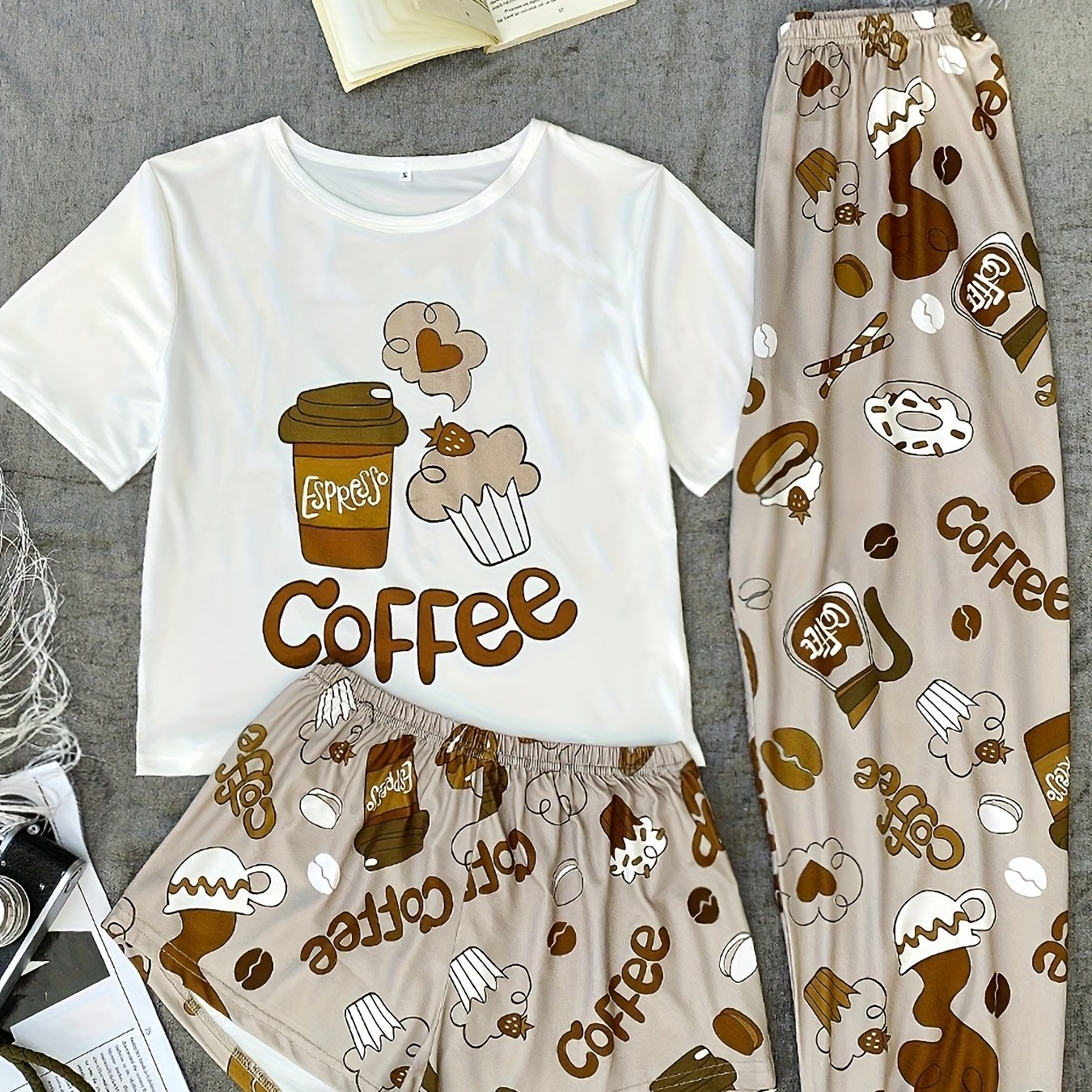 Women's Pajama Set with Milk Tea Cartoon Print, Polyester, Suitable for All Seasons, Casual Round Neck Comfortable Home Wear