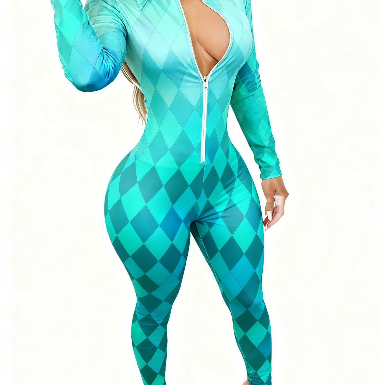 Women's Elegant Sexy Full-Body Print Jumpsuit - Long Sleeve Collar Zipper Front -Pant Outfit, All-Season Party Wedding Guest Special Occasion Attire, Machine Washable