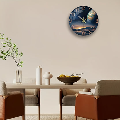 12 Inch Space-Themed Earth Landscape Wall Clock - Thick Tempered Glass, Silent Non-Ticking Modern Round Clock for Living Room, Bedroom Decor - Perfect Birthday & Holiday Gift (AA Battery Operated, Not Included), Sleek Hour Ma