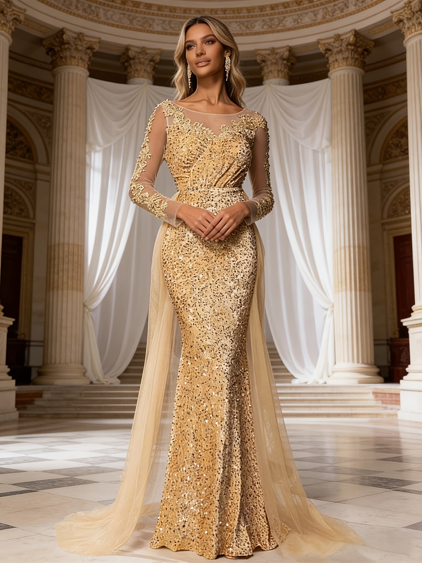 Women'S Multi-Color Sequin Mermaid Formal Gown | Long Sleeve Illusion Top Cape Train Evening Dress, Perfect for Prom, Gala Nights, Wedding Guest Events & Luxury Occasions