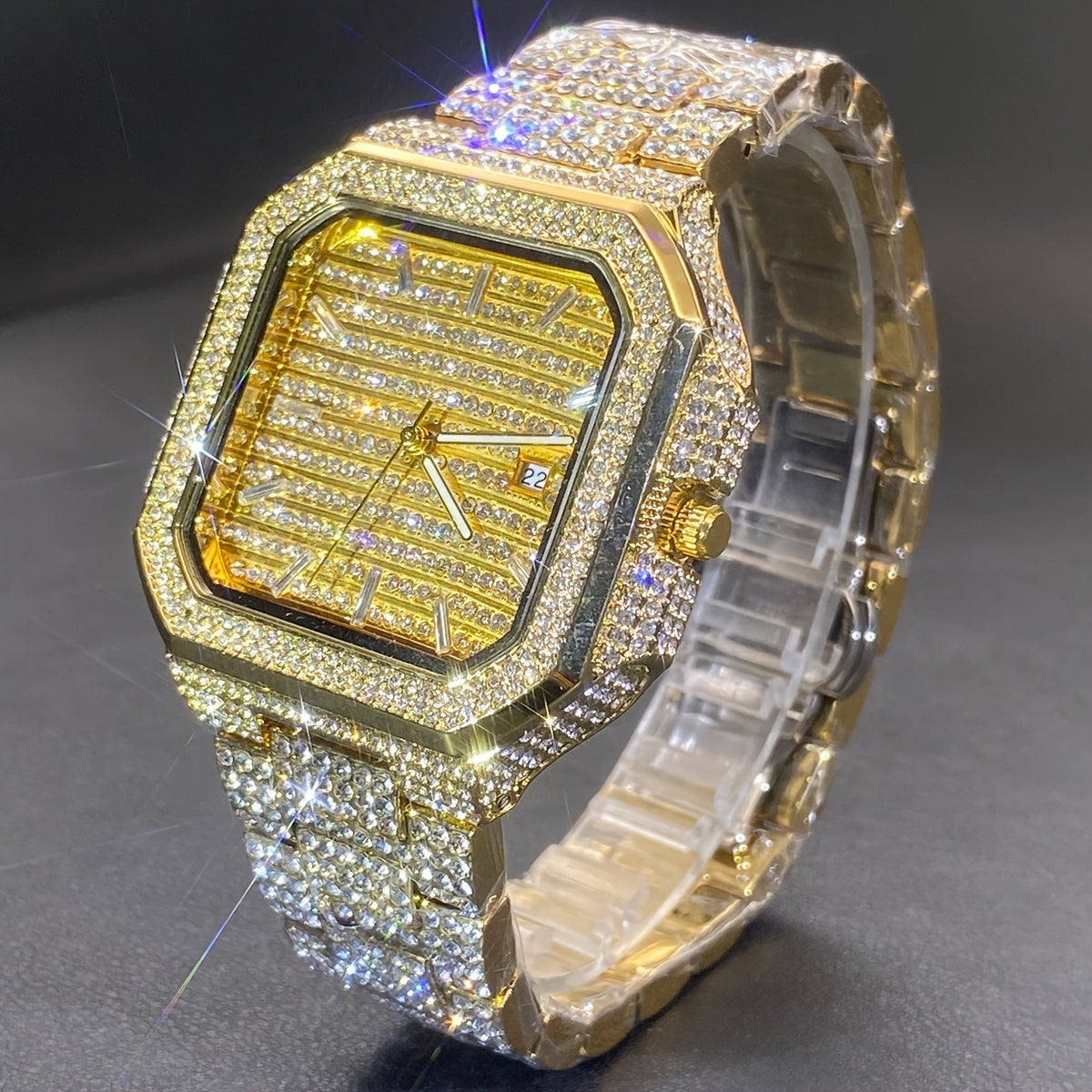 MISSFOX Men'S Luxury Rhinestones-Encrusted Golden-Tone Square Watch with Date Calendar, High Quality IP65, Quartz Movement, Sparkling Bezel & -Accented Dial - Elegant Analog Watch for Casual & Formal Wear, Party Accessory, Ba