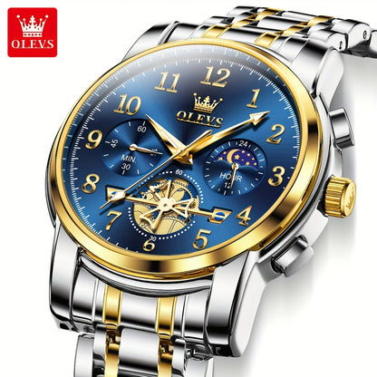 OLEVS Men's Luxury Multifunctional Quartz Watch - Stainless Steel Luminous Analog Watch with Moon Phase, Chronograph, Date/Day/24H Indicator, Golden-Tone & Bracelet for Business, Casual, Casual Attire - Dress Watch