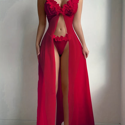 Women's Seduction Night 3D Floral Lace Lingerie Dress Nightgown Set + Thong, Intimate Apparel, Bedroom Attire, Lace Trim, Feminine Design, Breathable Fabric, Hand Wash Only, Matching Set, Sleepwear Combo, Romantic Wear, Boudo