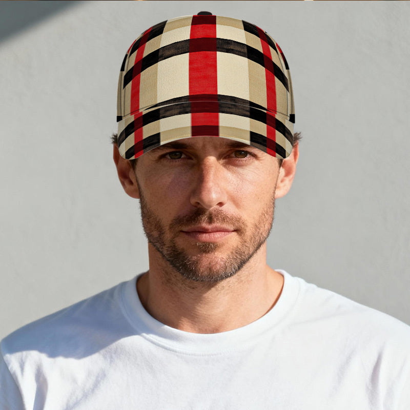 1pc Plaid Pattern in Beige and Red Print Classic Baseball Cap | Lightweight Adjustable Duckbill Hat, Perfect for Daily Wear, Comfortable Fit for Dates, Fiber, Hand Wash or Professional Dry Clean