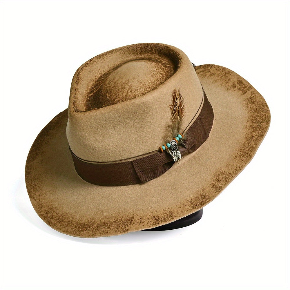 Unisex Vintage Wool Felt Hat with Turquoise-like Feather-Like Ribbon & Feather-Like Pendant - Wide Brim Western /Cowgirl Hat for &, Casual Outdoors, Parties, Daily Wear - Beige/Brown Retro Jazz