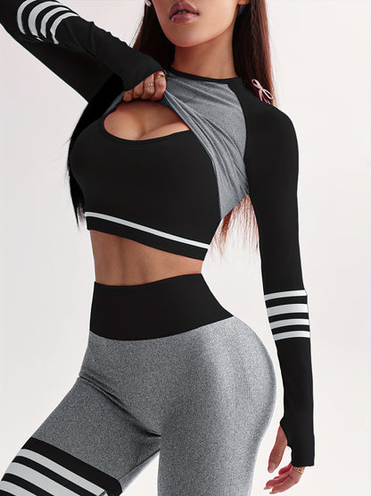 3pcs Women's Full Athletic Set - Seamless Striped Quick-Dry Sports Bra, Tight-Fitting Long Sleeve Gym Pants with Moai Panel Technology | High-Elasticity Moisture-Wicking Fabric for Running, Gymnastics, Training Outfit (All-Se