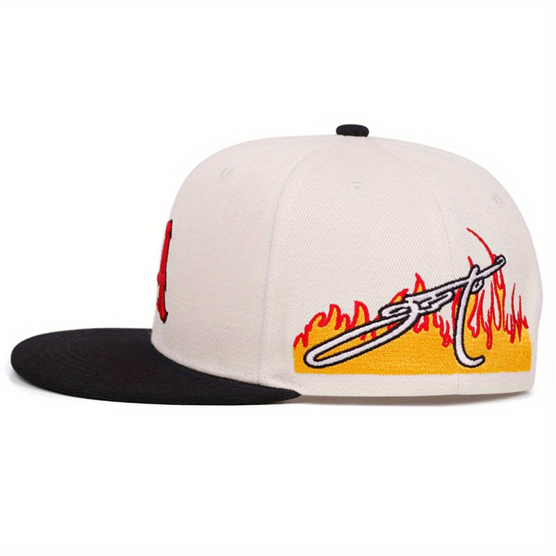 [Lightweight Design] Stylish Snapback Caps with Red 'A' Emblem & Flame Motif - Sporty Design, Trendy Appeal, Polyester Material, Black & White Color Scheme, Casual Headwear | Trendy Snapback | Durable Headgear