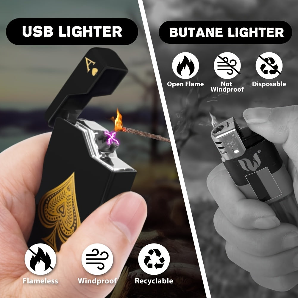 Windproof Dual Arc Lighter, USB C Electric Lighter, Rechargeable USB Lighter, Designed by Parker, Featuring a Spade A Pattern, Wind-Resistant, Suitable for Candles, Incense Sticks, Outdoor Camping, Hiking, a Gift for Men