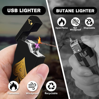 Windproof Dual Arc Lighter, USB C Electric Lighter, Rechargeable USB Lighter, Designed by Parker, Featuring a Spade A Pattern, Wind-Resistant, Suitable for Candles, Incense Sticks, Outdoor Camping, Hiking, a Gift for Men