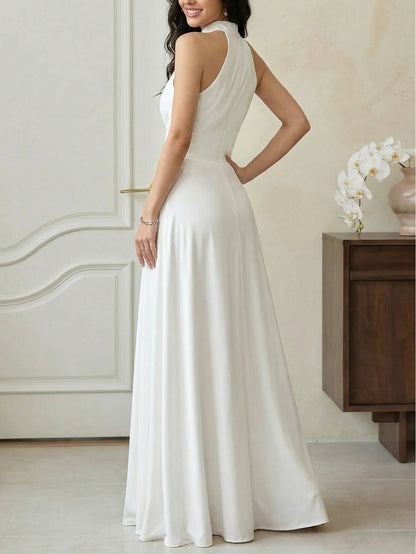 Women'S Spring And Summer Halter Neck, Stand Collar, Waist-Fitted Long Dress | Elegant Solid Color, Suitable For Evening Parties And Upscale Social Events