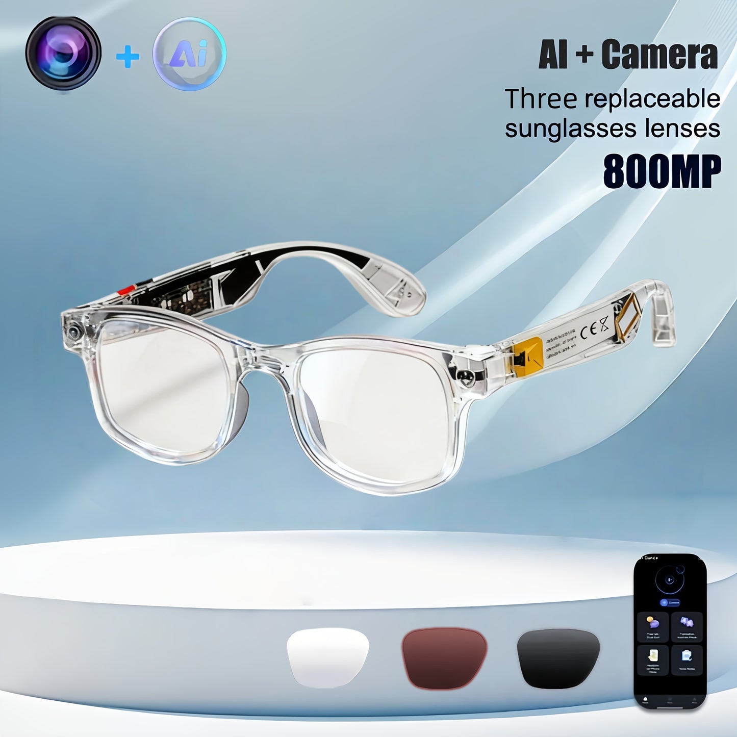 New Release AI Smart Glasses with 8MP HD Camera & 1080P Video Recording, Built-in AI Voice Assistant, Wireless Wireless Smart Glasses for translation (164 Languages), Compatible with iPhone/iOS & Android, ic, Unisex for Men/W