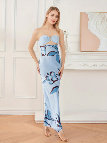 Women's Elegant Strapless/One-Shoulder Hollow Out Floral Print or Solid Pink Tube Bodycon Maxi Dress with Bow Tie Back - Mermaid Silhouette Long Formal Evening Party Wedding Dress, Hand Washable Summer Dress for Women, Stylis