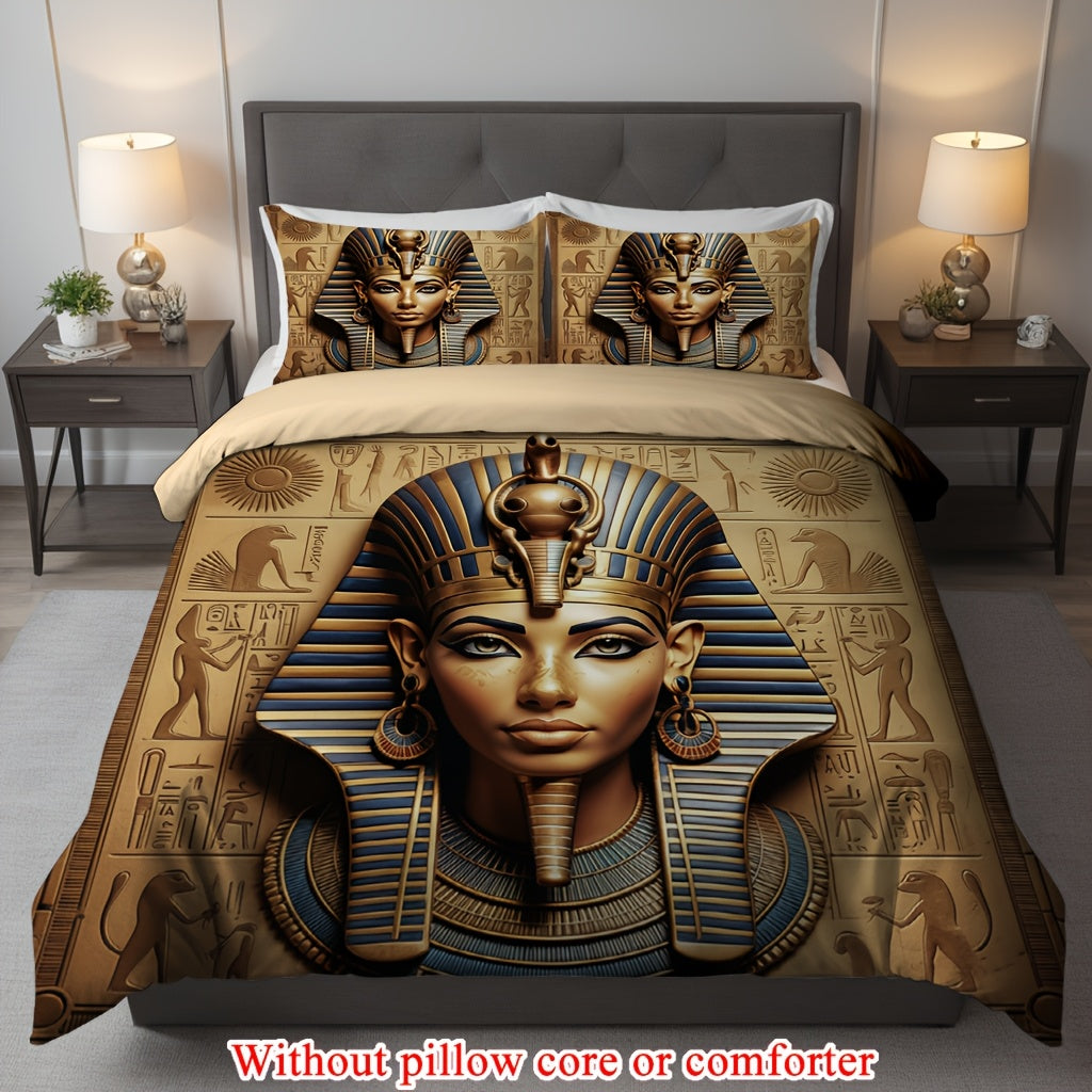 2/3pcs (1 Duvet Cover + 1/2 Pillowcase, Without Core) Duvet Cover Set, 3D Visual Effects Retro Egyptian Ancient Civilization Sphinx Pharaoh Worship Pictography Mysterious Print Soft Comfortable Bedding Set for Bedroom Dorm Ro