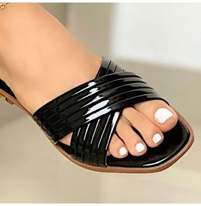 Women's Slip- Comfortable Flat - Open-Toe Mules with Arch & Cushioned Insole, Low-Heel PU Sole, Golden Buckle Strap - Casual to Formal Summer Shoes (EU 36-43, US Women's 5-10) - Ideal for Beach, Office, Semi-Formal Events - E