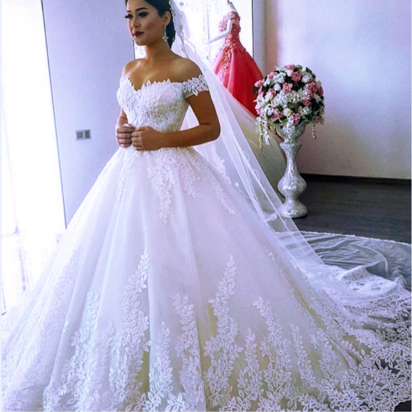 Sweep Train Wedding Dress | New White, Off the Shoulder, Fit and Flare, Elegant Style, Contrast Lace Detail, Perfect for Adult, Covering Belly for Pregnant Women
