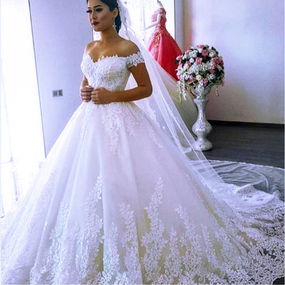 Sweep Train Wedding Dress | New White, Off the Shoulder, Fit and Flare, Elegant Style, Contrast Lace Detail, Perfect for Adult, Covering Belly for Pregnant Women