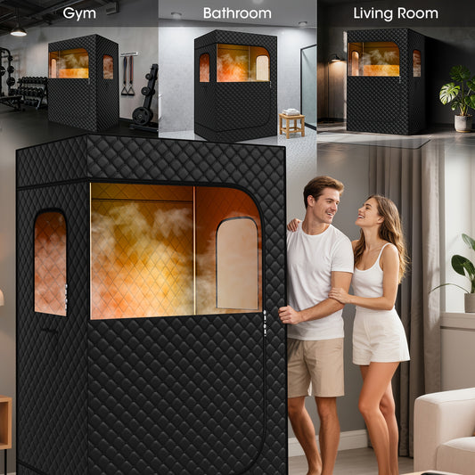 GUNJI for home Sauna for Two, Featuring Two 1000W Steam Generators, Two Foldable Chairs, Adjustable Temperature Settings (Ranging from 104°F to 140°F), And a Timer (15 to 60 Minutes). Dimensions Are 71 Inches by 49 Inches b
