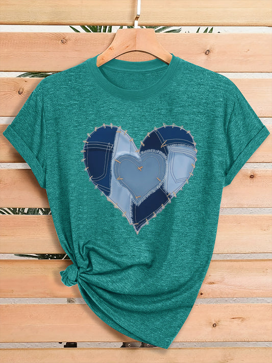 Women'S Fashion Graphic Tee, Theme Party Outfit, Local Warehouse Item, T Shirt For Women, Women Clothing Style, Heart Print Casual Top, Comfortable Blend Fabric, Breathable, All-season, Crew Neck, Short Sleeve, Machine Washab