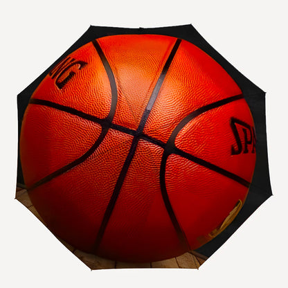 3D Basketball Umbrella with Automatic Open/Close, Red/Black Basketball Design, Sturdy 8-Rib Frame - Compact Folding Umbrella for Men, Women, Sports Fans - Ideal for Commute, Travel, Business Meetings - Durable Everyday Carry