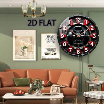 12 Inch Fitness-Themed Silent Wall Clock with Dumbbell Design - Quartz Battery-Powered Modern Gym Decor, Red/White Numbered Segments, Manual Shut-Off, Glass Round Clock For Home, Bedroom, Fitness Room Decor, Bedroom Timepiece
