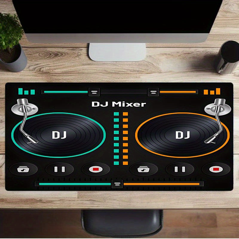 1pc Retro DJ Mixer Desk Mat - Non-Slip Surface, Vintage DJ Setup with Mixer Controls, Neon Green & Orange Accents - Compatible with PC, Computer, Gaming Setup - Perfect Gift for DJs, Gamers, Music Producers - Durable Rubber B