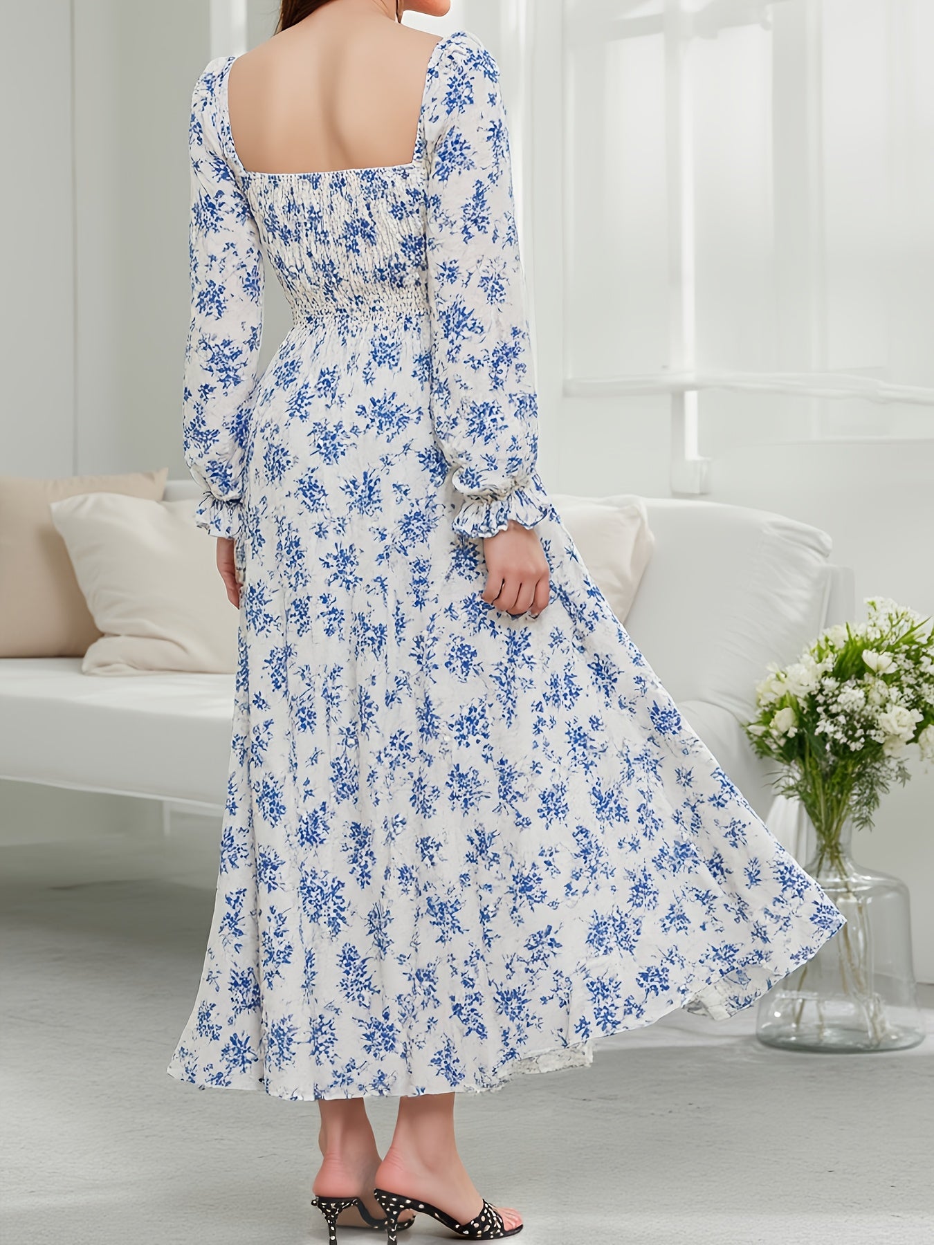 Elegant Long Dress for Women Featuring a Blue Floral Print, Side Slit, Square Neckline, And Ruffled Hem with Long Puff Sleeves, Perfect for Spring, Summer, And Autumn. This French Waist-Cinching Design Is Ideal for Beach Outi