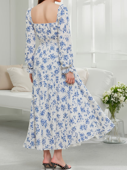 Elegant Long Dress for Women Featuring a Blue Floral Print, Side Slit, Square Neckline, And Ruffled Hem with Long Puff Sleeves, Perfect for Spring, Summer, And Autumn. This French Waist-Cinching Design Is Ideal for Beach Outi