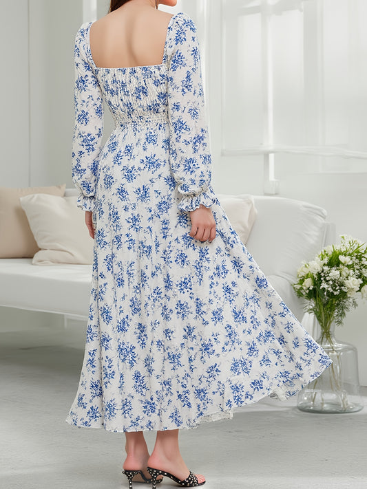 Elegant Long Dress for Women Featuring a Blue Floral Print, Side Slit, Square Neckline, And Ruffled Hem with Long Puff Sleeves, Perfect for Spring, Summer, And Autumn. This French Waist-Cinching Design Is Ideal for Beach Outi