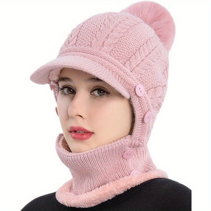 1x Winter Women's Pullover Ear Warmer Hat, Scarf Mask Combo Warm Thick Skull Ski Cap, Head And Neck Warmth, Ear And Face Warmer, Winter Scarf Mask Combo, Ear Warmer Hat, Cable Pattern, Slouchy Fit, Hand Wash Care, Thick Fleec