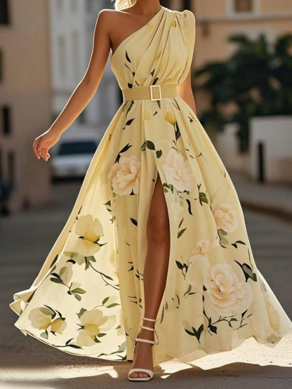 Plus Size, HERTALK Women's Off-Shoulder Digital Print Sleeveless Tank Dress with Belt Long Dress