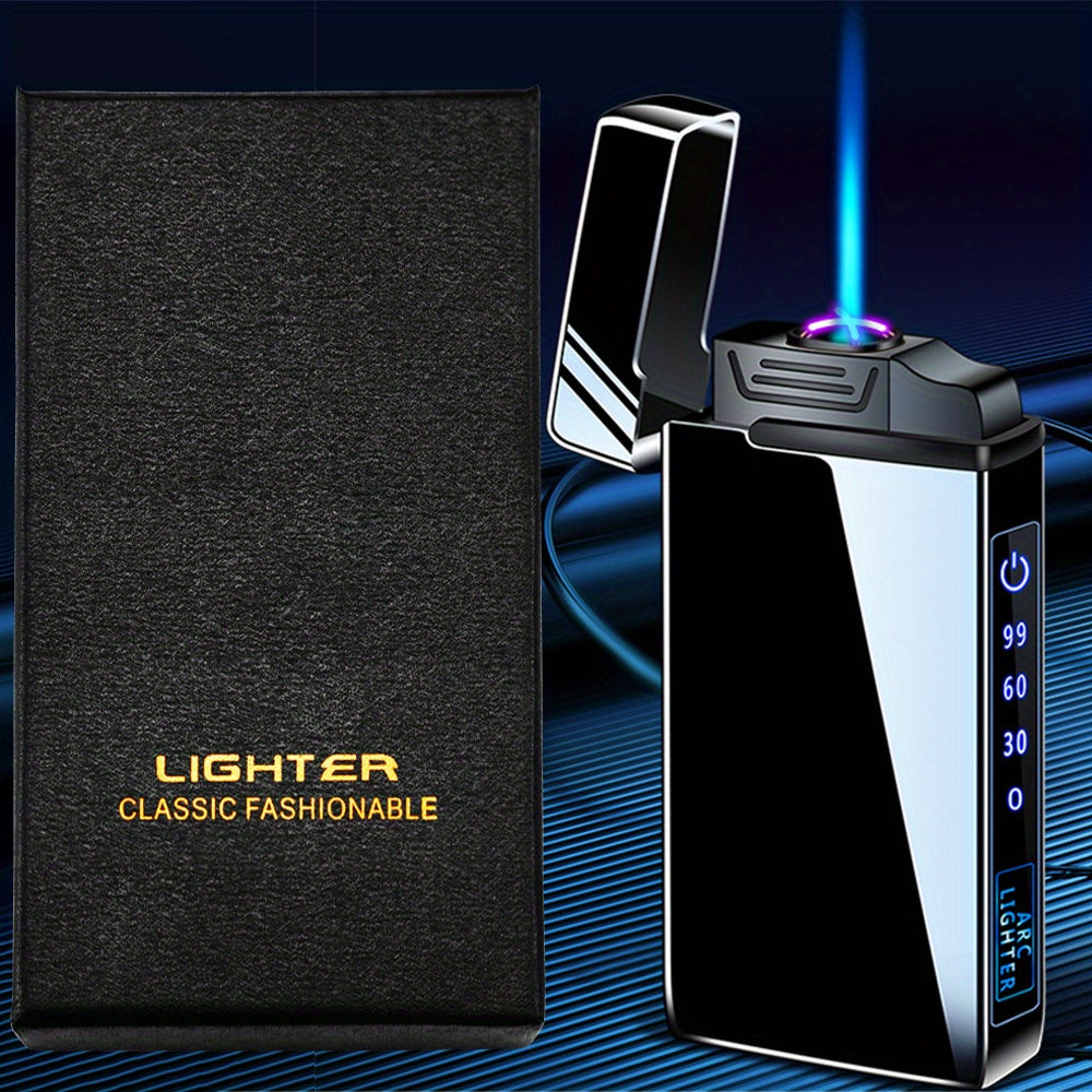 This Is a Dual Arc Gas And Electric Lighter That Features a 2-In-1 USB Charging Capability. It Is a Refillable Butane Jet Flame Torch Lighter Equipped with a Flashlight And an LED Power Display