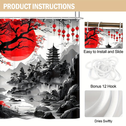 4pcs Japanese Cherry Blossom Mountain Landscape Shower Curtain Set, Black & Red Ink Wash Style with Sun, Tree, And Floral Design, Includes 12 Hooks, Toilet Lid Cover, Non-Slip U-Shaped Mat, Rugs, Traditional Asian Bathroom Ac