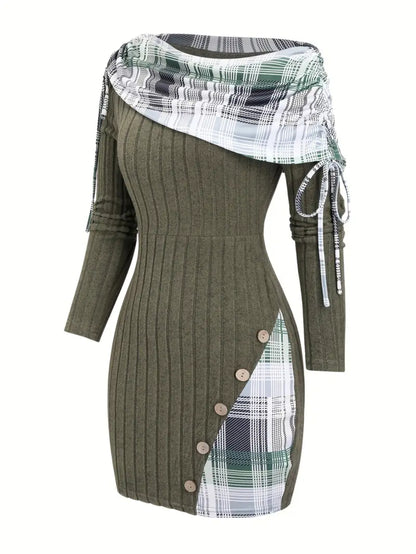 Women's Olive Green Checkered Patchwork Dress - Asymmetric Slant-Shoulder Button Neckline, Fitted Winter Dress for Autumn/Winter, Elegant for everyday to date Outfits (Non- Base Layer Compatible with)