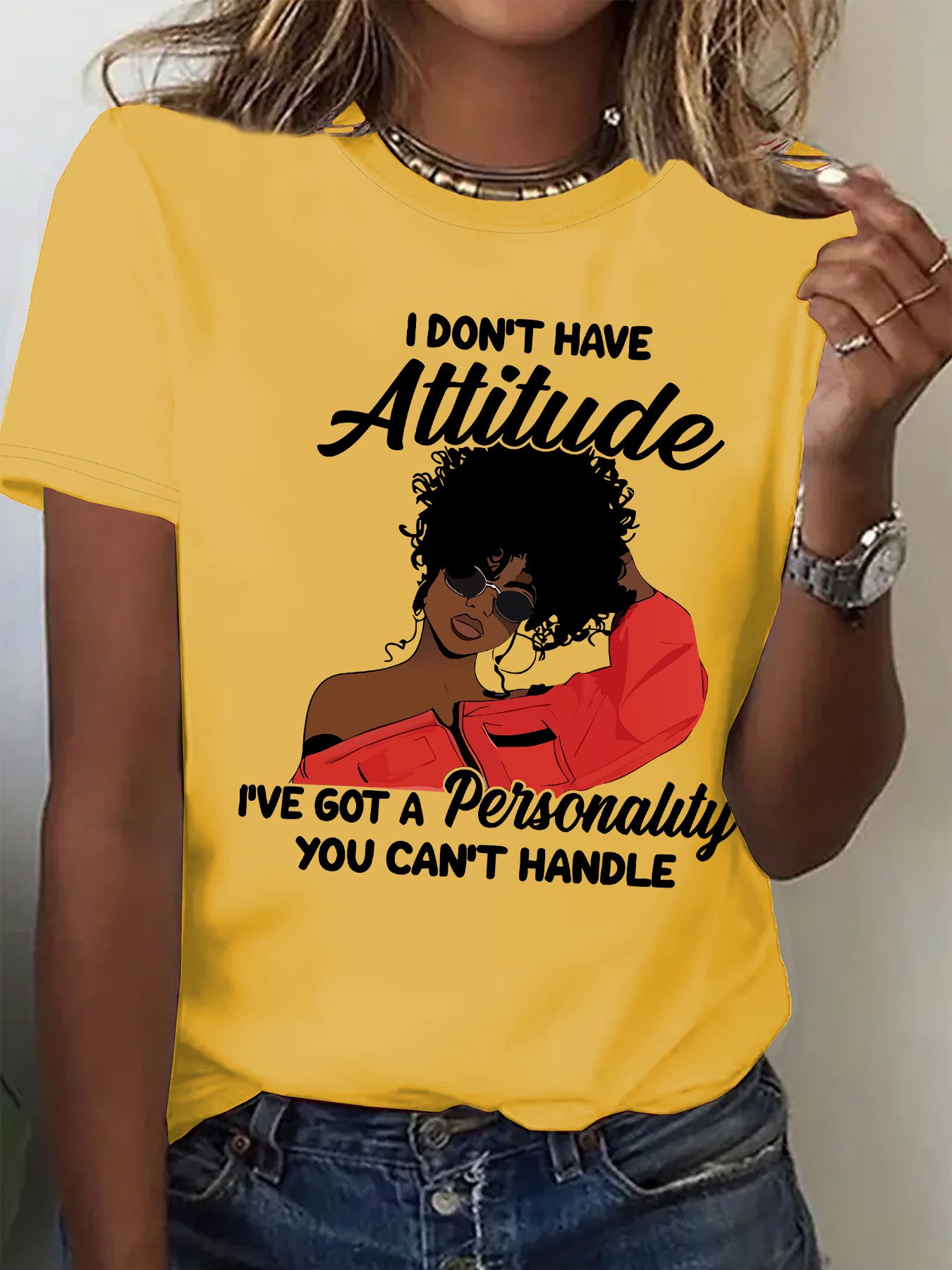 Women's "I Don't Have Attitude" Slogan Graphic T-Shirt - Vibrant Red Short Sleeve Crew Neck Casual Top with Bold Text & Fashion Glasses Design, Machine Washable All-Season Comfort Fit Tee, Fashionforward Look, Durable Fabric