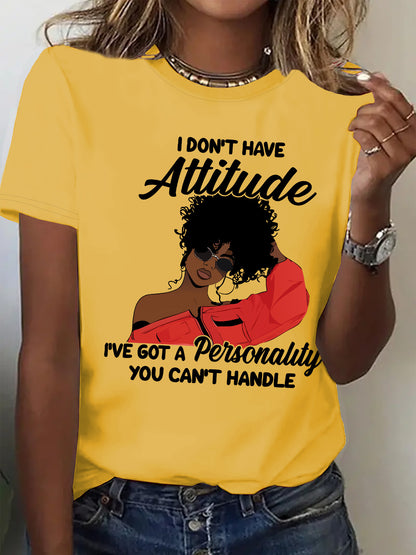 Women's "I Don't Have Attitude" Slogan Graphic T-Shirt - Vibrant Red Short Sleeve Crew Neck Casual Top with Bold Text & Fashion Glasses Design, Machine Washable All-Season Comfort Fit Tee, Fashionforward Look, Durable Fabric