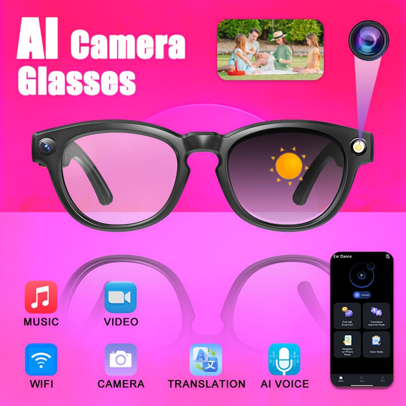 A New Hit - AI Smart Glasses with Touch And AI Chat Support. AI Intelligence, 800W HD, And Image Stabilization. Real-time Translation. Dual Microphones with Blue Light Protection And Noise Reduction. 4K HD Recording And Wirel