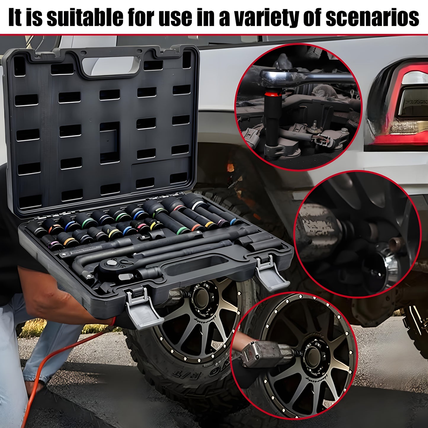31pcs Heavy-Duty Pneumatic Tool Set with 1/2" Drive Thick-Walled Sockets, Air- Impact Wrench & Extended Tire Sockets - Fit for Car, Truck, Motorcycle, ATV, Repair - Professional Mechanic Tool Kit (No)