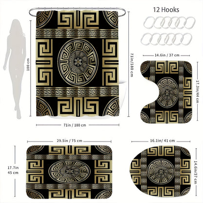 1/4pcs Golden Glitter, Geometric Pattern Bathroom Set, High Quality and Multifunctional Shower Curtain with 12 Hooks, Nonslip Bathroom Mat, Ushaped Toilet Mat, Toilet Seat Mat, Bathroom Decoration, Bathroom Partition, Room De