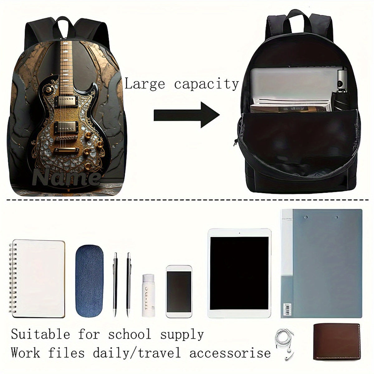 1pc Custom Electric Guitar Backpack - Personalized Name/Text, Large Capacity 17-Inch Laptop Backpack with Electric Guitar Design, Lightweight School, Travel, Work Bag - Birthday/Christmas/Father's Day Gifts for Musicians, Stu