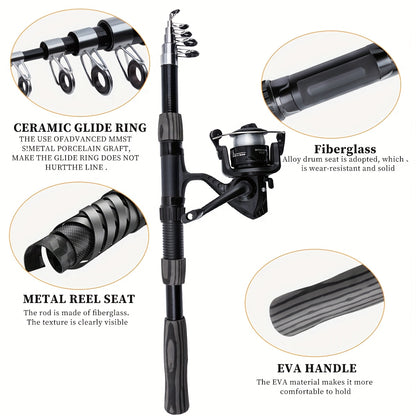 1.8-2.1m Telescopic Fishing Rod & Reel Combo with Carry Bag - Lightweight Fast Action Spinning Reel, Ambidextrous Left/Right Hand Operation, Medium Light Power For Saltwater & Freshwater Fishing, Ideal Gift For Christmas, Hal